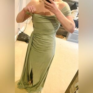Olive Green Off the Shoulder Ruched Side-Slit Maxi Dress